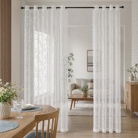 Spitzenvorhänge, Verdickte hochdichte transparente Vorhänge mit Blumenmuster, Wellenförmige Spitzen-Tüllvorhänge für Wohnzimmer, Schlafzimmer, Balkon, Weiches Licht