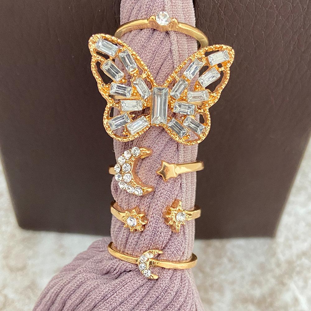 Bohemian 5-Piece Star, Moon, Butterfly Rings Set with Full Diamond Inlays - European & American Style