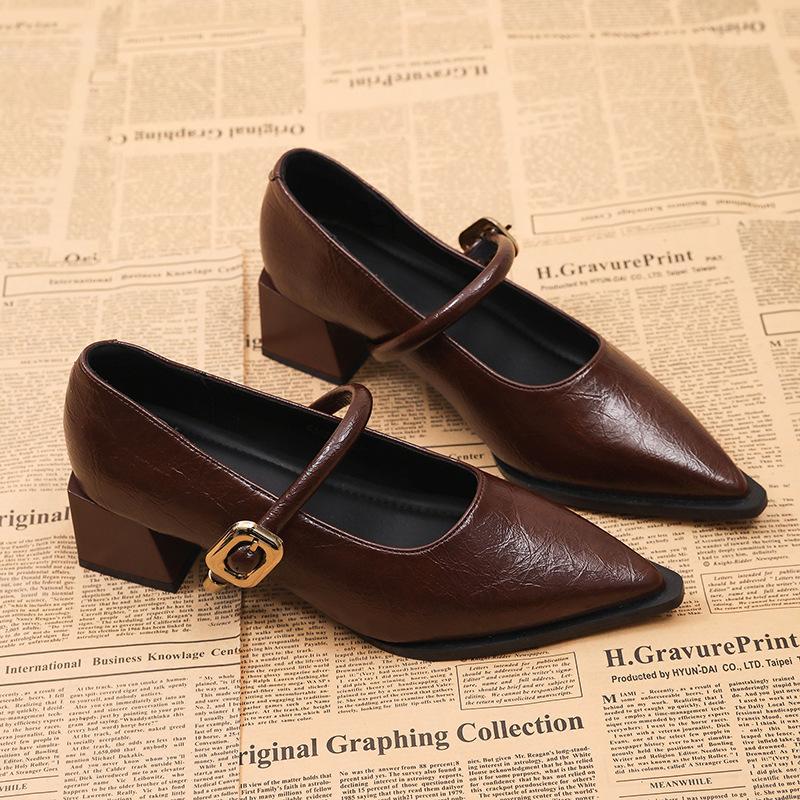 

Women s Spring and Autumn French Coarse Heel Shoes with Medium High Heels and Pointed Points, Women s Shoes 35 кавовий