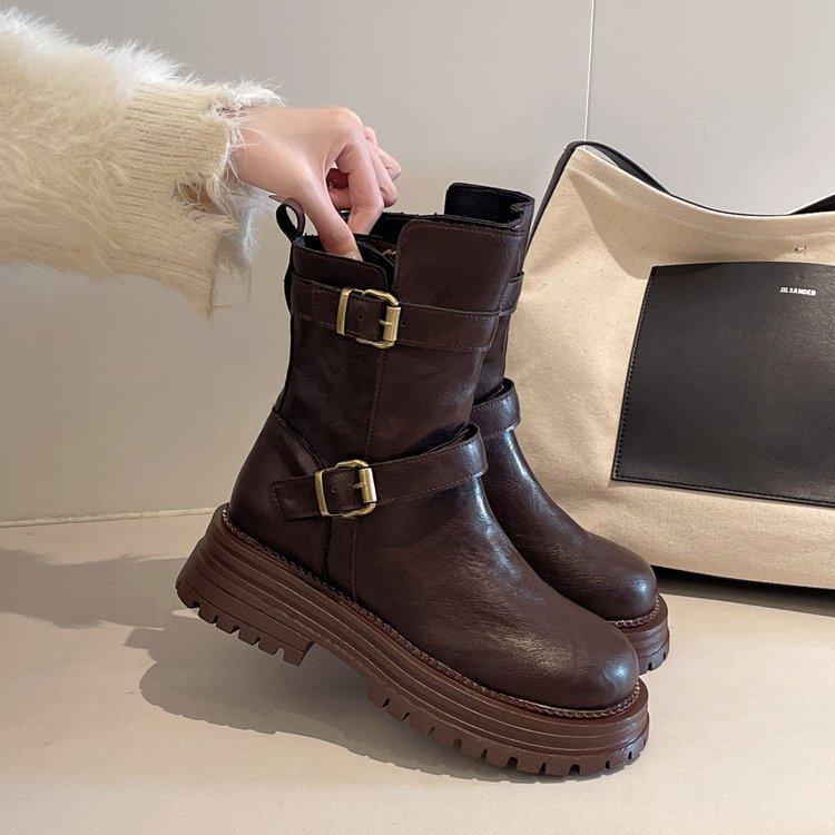 British Style Retro Round Head Thick-soled Martin Boots for Women 2025 Autumn and Winter New Thick Heel Short Boots Belt Buckle Boots for Women