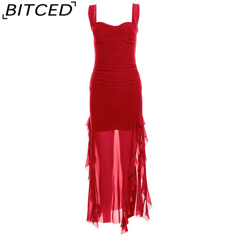 

BITCED Spring/Summer Women s Collection: Sensual Strappy Halter Neck Split-Hem Fitted Maxi Dress L красный