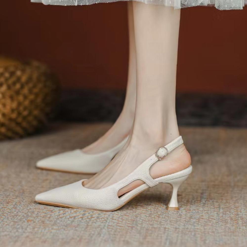 Summer Mid-heel Pointed Toe Single Shoes Leather Toe Sandals Women's Shoes Solid Color Fashion Elegant Single Shoes for Women