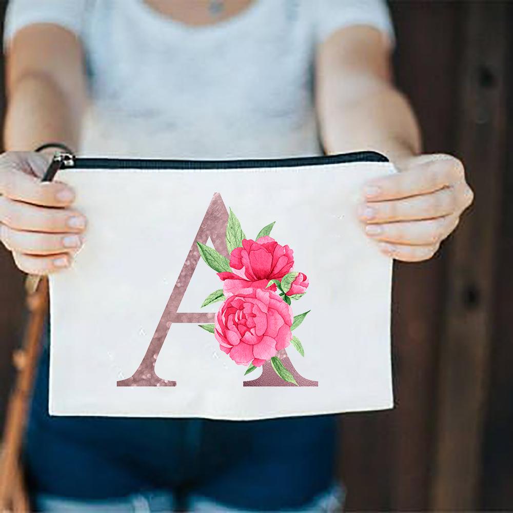 Pink Flowers Alphabet A-Z White Canvas Makeup Bags Zipper Cosmetic Pouch Ladies Casual Fashion Storage Organizer Make Up Bag