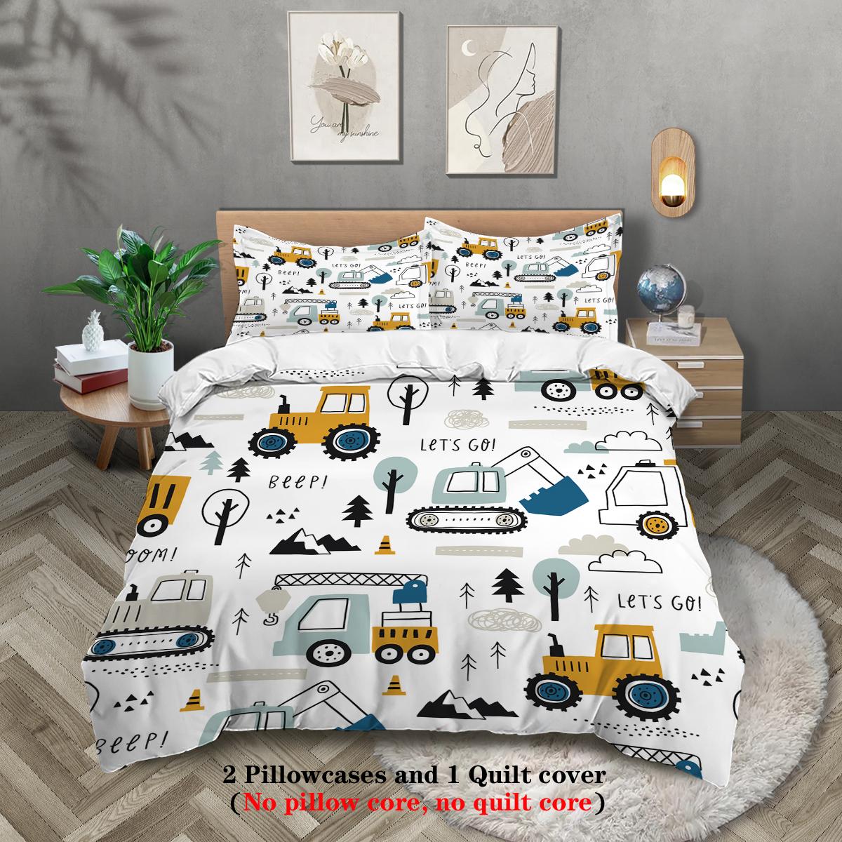 

Three-piece set (1 duvet cover + 2 pillowcases, coreless), cartoon engineering vehicle element print bedding set, multiple sizes 135x200cm-EU-Single&set