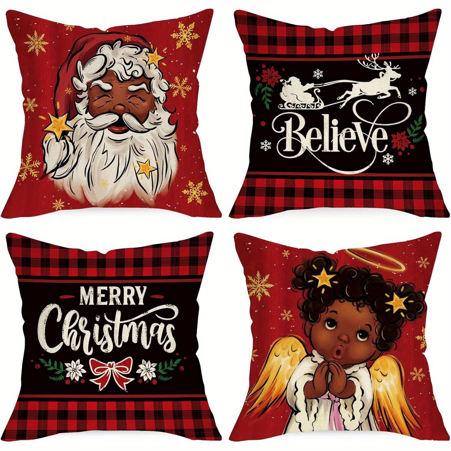 4pcs Polyester Christmas Pillowcase Set, Excludes Insert, Featuring Red and Black Checkerboard Pattern with African American 4PCS