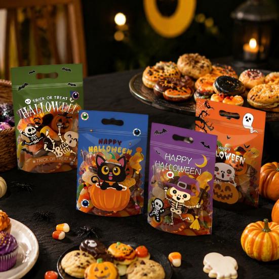 Durable Plastic Storage Containers 4PCS Halloween Candy Treat Bags with Handle, Translucent Stand-up Dessert Theme Holders Pouches, Cartoon