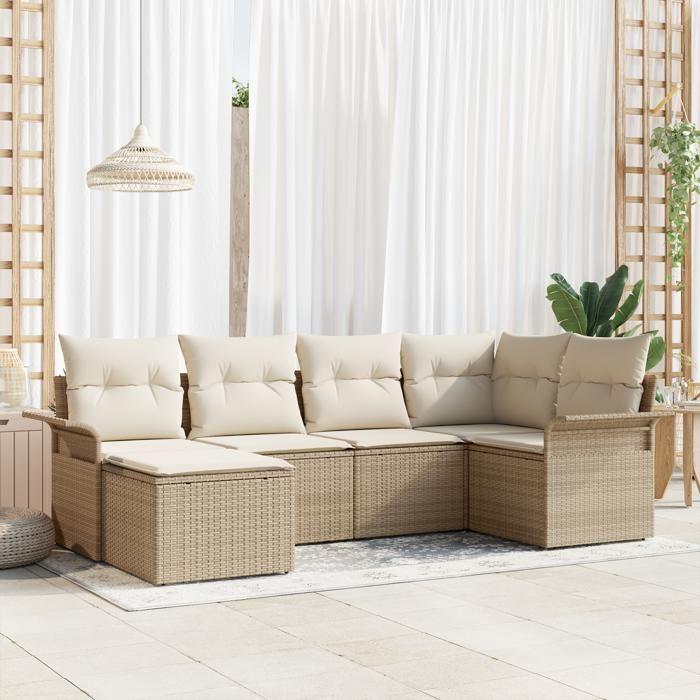 Ensemble de canapés de jardin de 6 pièces avec coussins beige en rattan synthétique, Canapé de jardin 2 places avec 3354100