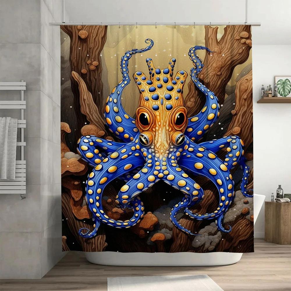 Octopus Shower Curtain Underwater Marine Animal Print 3D Waterproof Fabric Bathroom Decor Blue Yellow Colorful Large