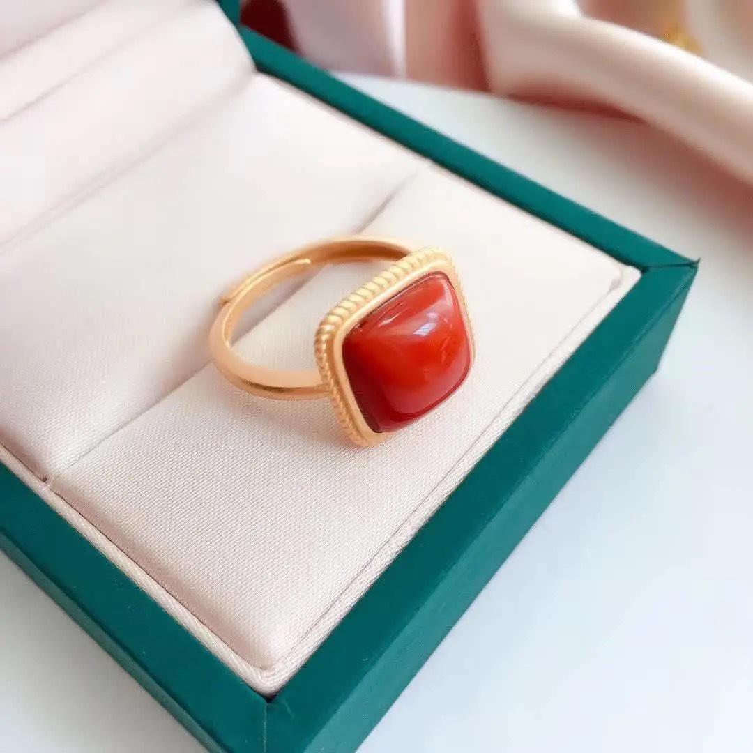 

Natural Imitation Hetian Jade Red Square Ring - Simple, Retro Court Style for Mom Adjustable Open Size