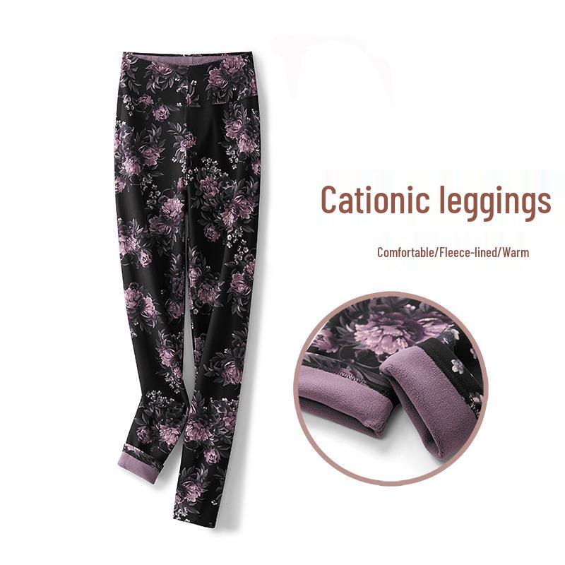 

Autumn/Winter Plus Size Floral High-Elastic Velvet Leggings - Slimming, Warm, Thick Base Layer 3XL (160-200 jin) чёрный/цветочный