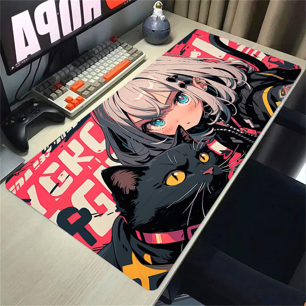 Girls and Cat Xxl Mouse Pad 900x400 Kawaii Anime Girl Deskmat Pc Gaming Accessories Computer Offices Non-slip Mousepad Keyboard