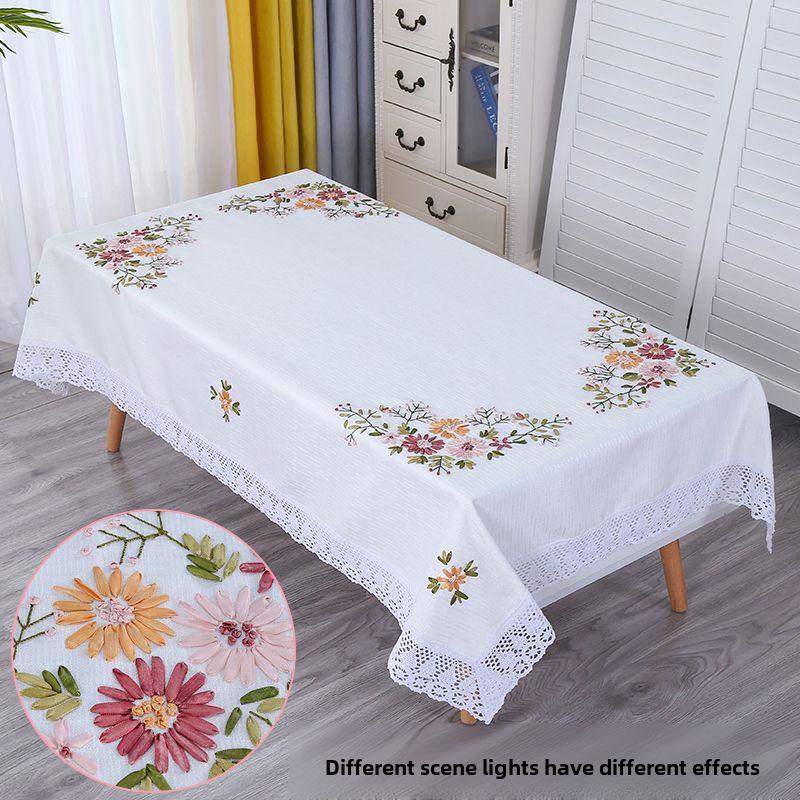 

Современная прямоугольная скатерть из хлопка и льна с ручной вышивкой, цвет свежий белый 150x220