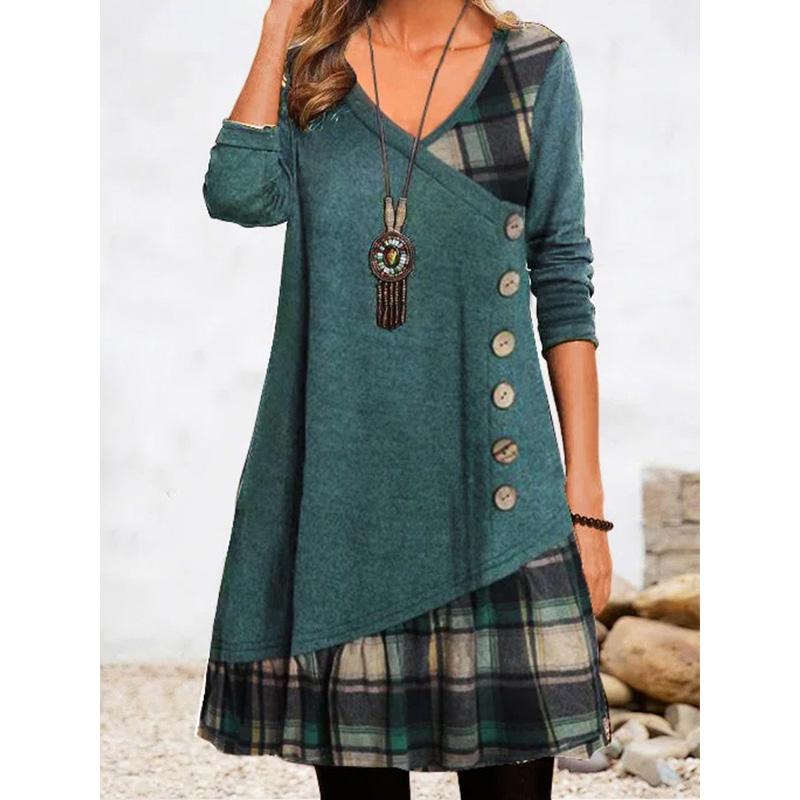 Women's Patchwork Long Sleeve Dress Casual Boho Style Loose Fit Maxi Dress with Floral Print