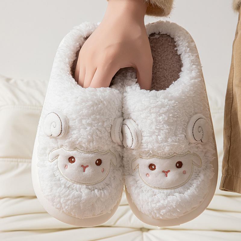Cute lamb cartoon cotton slippers women's autumn and winter home indoor velvet warm thick bottom non-slip fluffy slippers