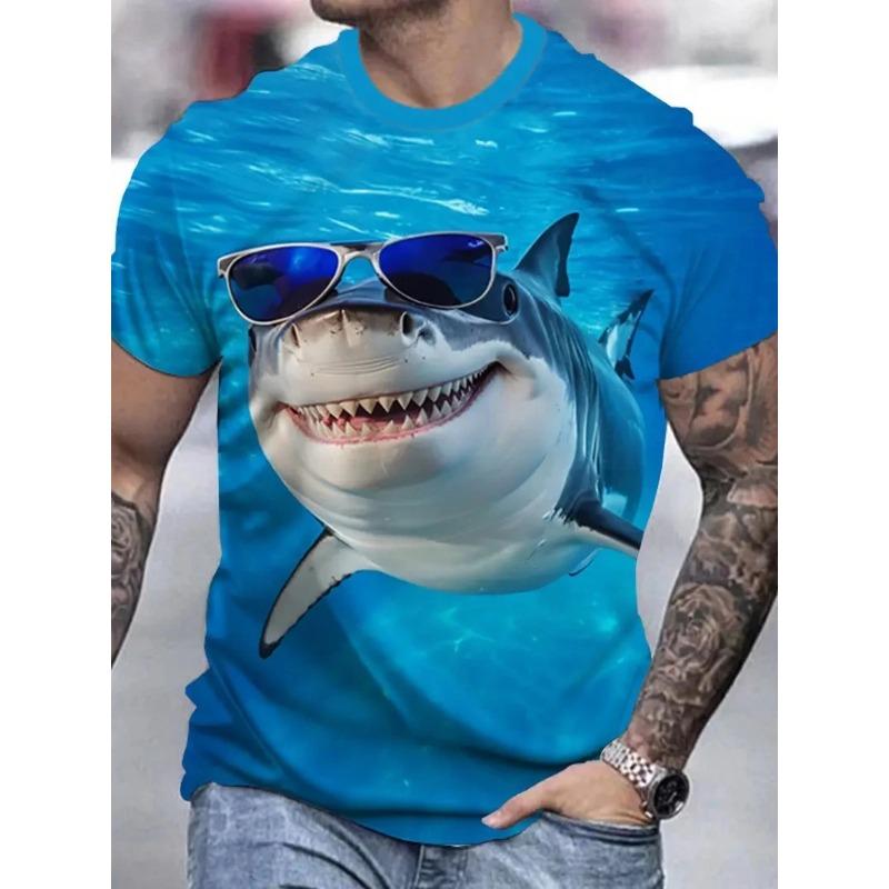 Men's Shark with Sunglasses Print Short Sleeve T Shirt Blue Ocean Background Cool Casual Streetwear Tee