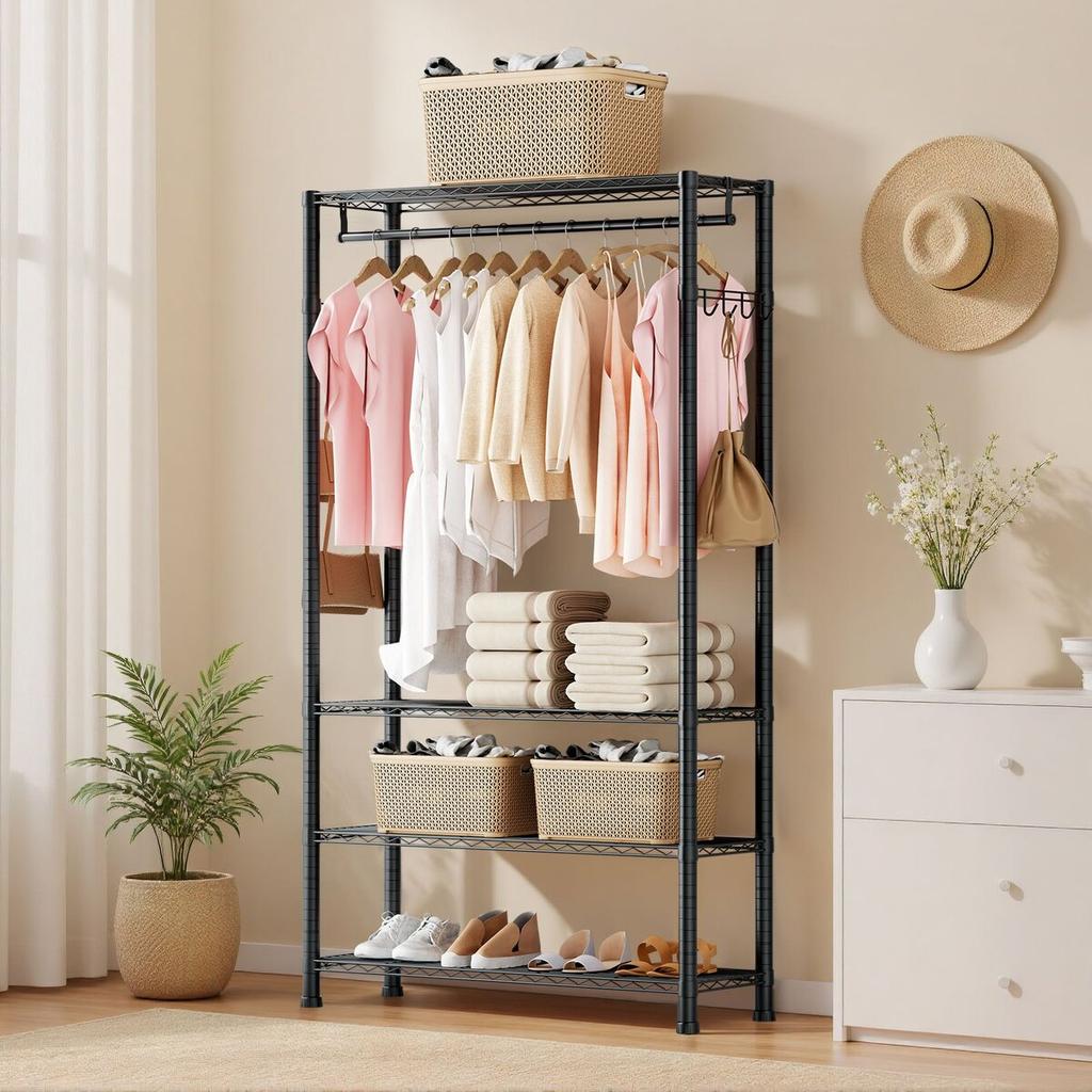 Clothing Garment Rack, Heavy Duty Clothing Garment Rack, 4 Adjustable Tiers Clothing Racks with Carbon Steel, 227 kg Load Capacity Closet Wardrobe for