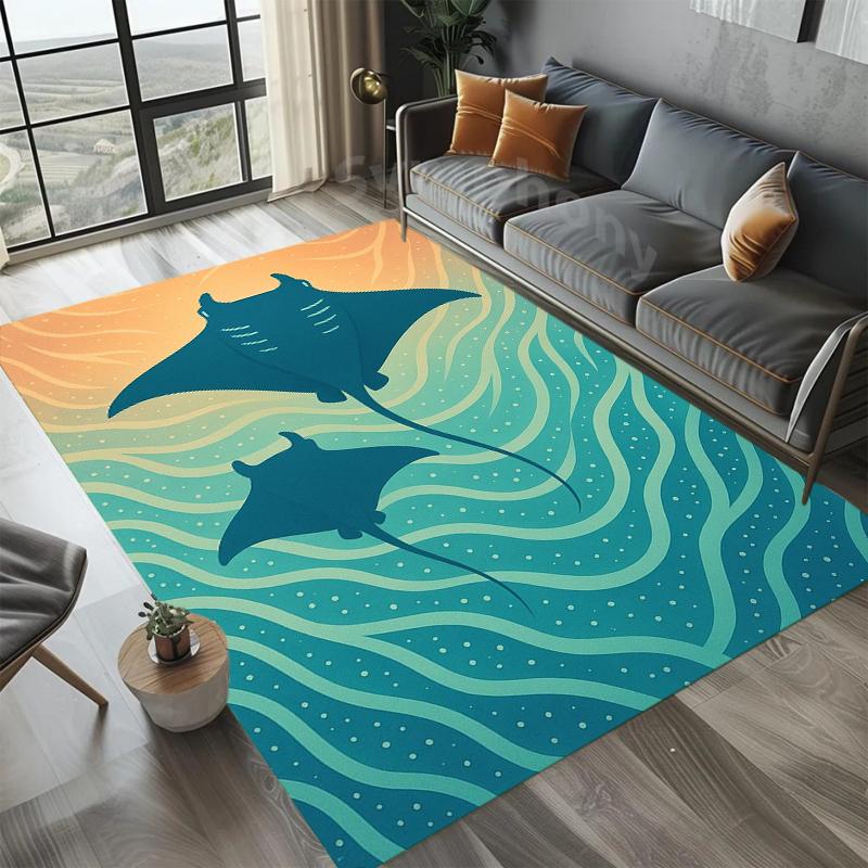 Coastal Beach Area Rug Cartoon Ocean Wave Manta Design Soft Washable Floor Mat for Nautical Living Bedroom Kids Playroom