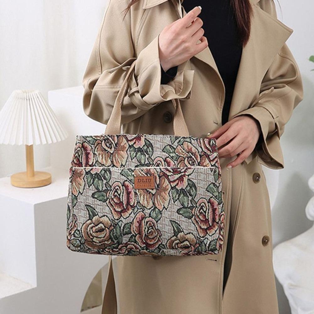 Portable Floral Print Women's Tote Bag Canvas Thickened Lunch Bag Large Capacity Zipper Jacquard Handbag