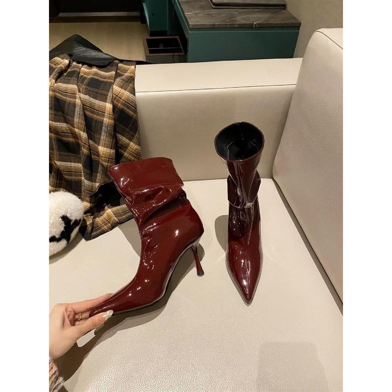 Fashion Pointed Toe Stiletto Heel Booties Women's Fall/Winter 2025 New Patent Leather Sleeve Fashion Boots