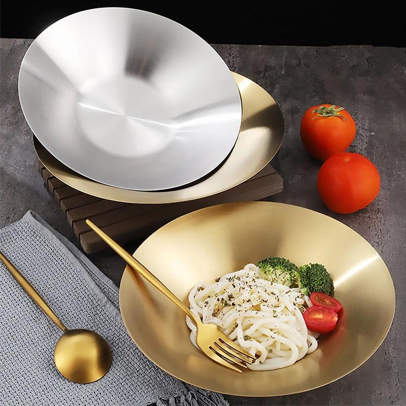 304 Deepened Stainless Steel Dinner Plate Korean Style Round Fruit Serving Dishes Trays Main Dining Noodles Platter Salad Bowl