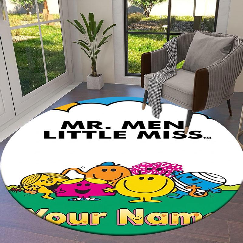 Mr. Men Little Miss Custom Name Round Area Rug,Carpet Rug for Living Room Bedroom Sofa Playroom Decor,Non-slip Floor Mat