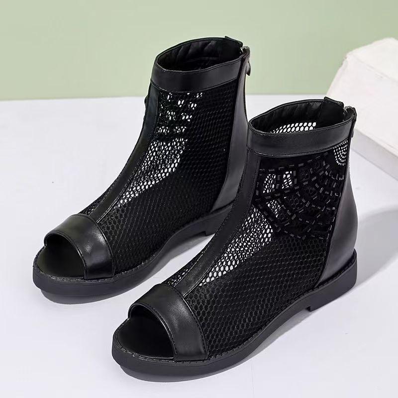Women's Big Size Mesh Flat sole Ankle Boots Summer New Soft Sole Breathable Fashionable High Top Zippers Peep Toe Cool Boots