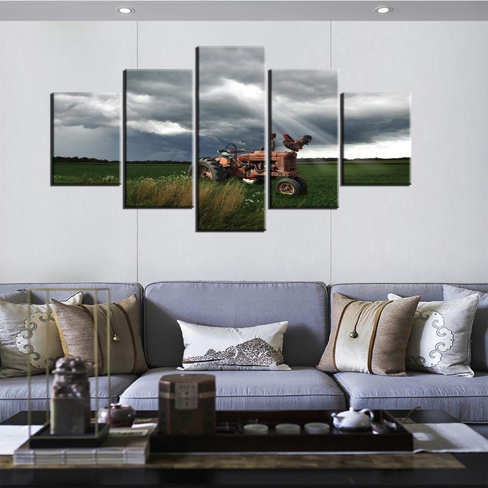 5 Panel Posters Retro Tractor Harvest On Farm Wall Art Pictures Home Decor Modular Canvas HD Paintings Living Room Decoration