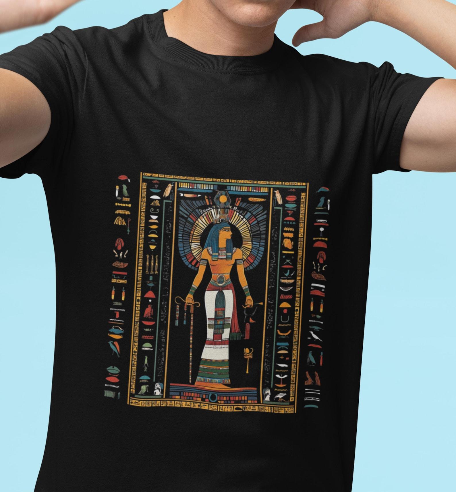 Egyptian Goddess T-shirt, Hieroglyphs Tee, Bold Colors, Ancient Mystery Design, Unisex Cotton Shirt L