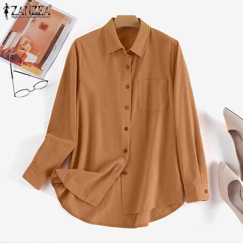

ZANZEA Повседневная хлопковая блузка с длинным рукавом с отложным воротником