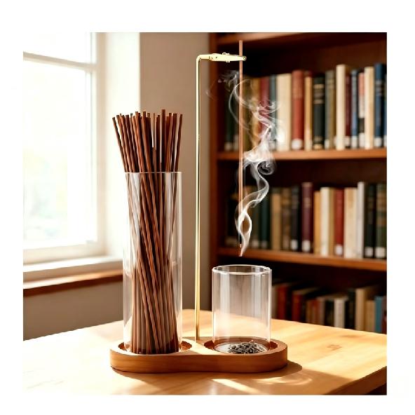 5pcs-Minimalist Glass Incense Holder Transparent Creative Incense Holder Wooden Base Zen Style Glass Ash Catcher Practice 7