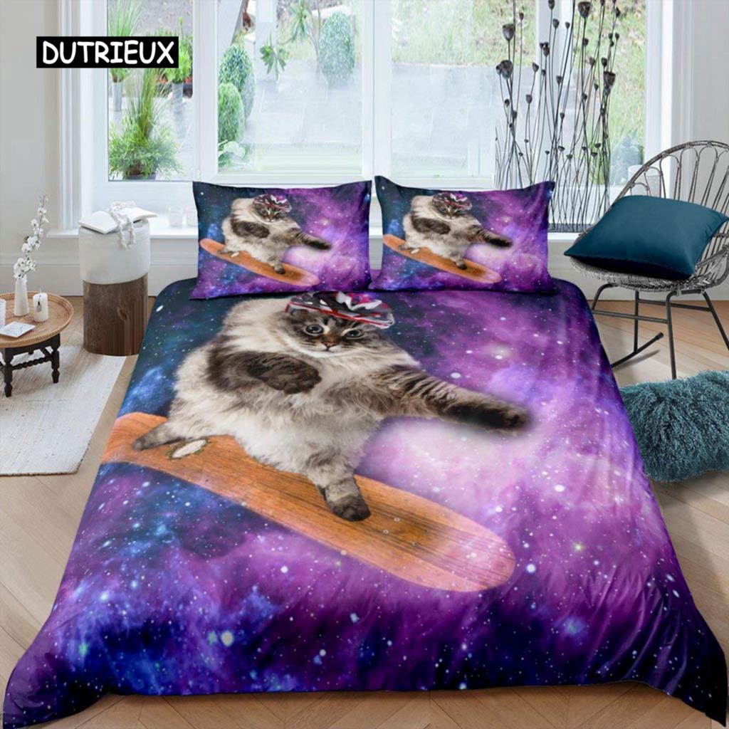 Galaxy Cat Duvet Cover Set Microfiber Universe Galaxy Bedding Set Cute Kitten Comforter Cover Outer Space Planets Quilt Cover