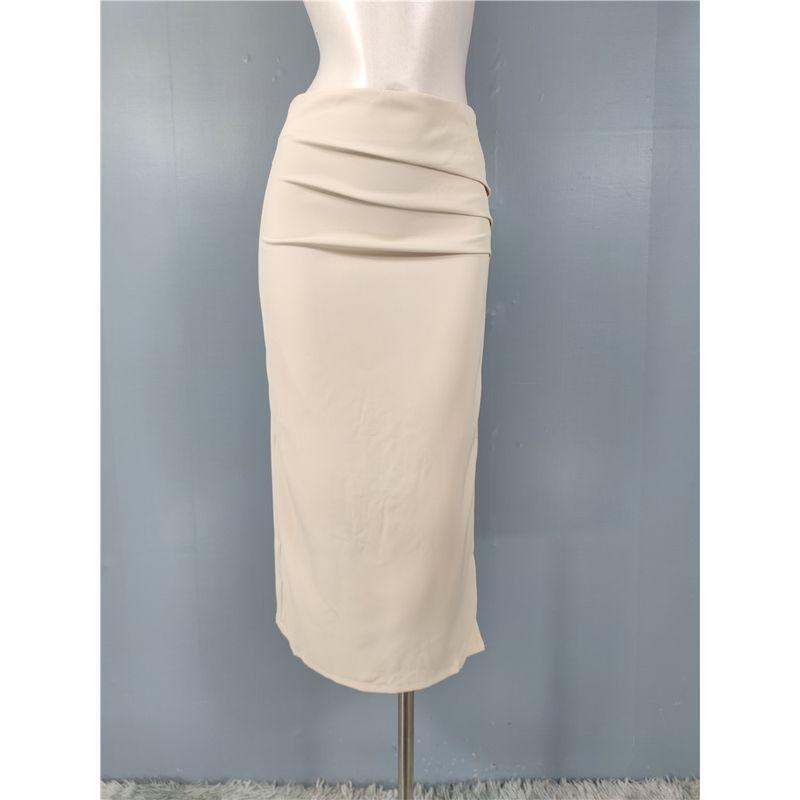 

2025 Summer New Pleat Design Commuter Casual All-matching Split Sheath High Waist Slimming Mid-Length Skirt Rice apricot XL