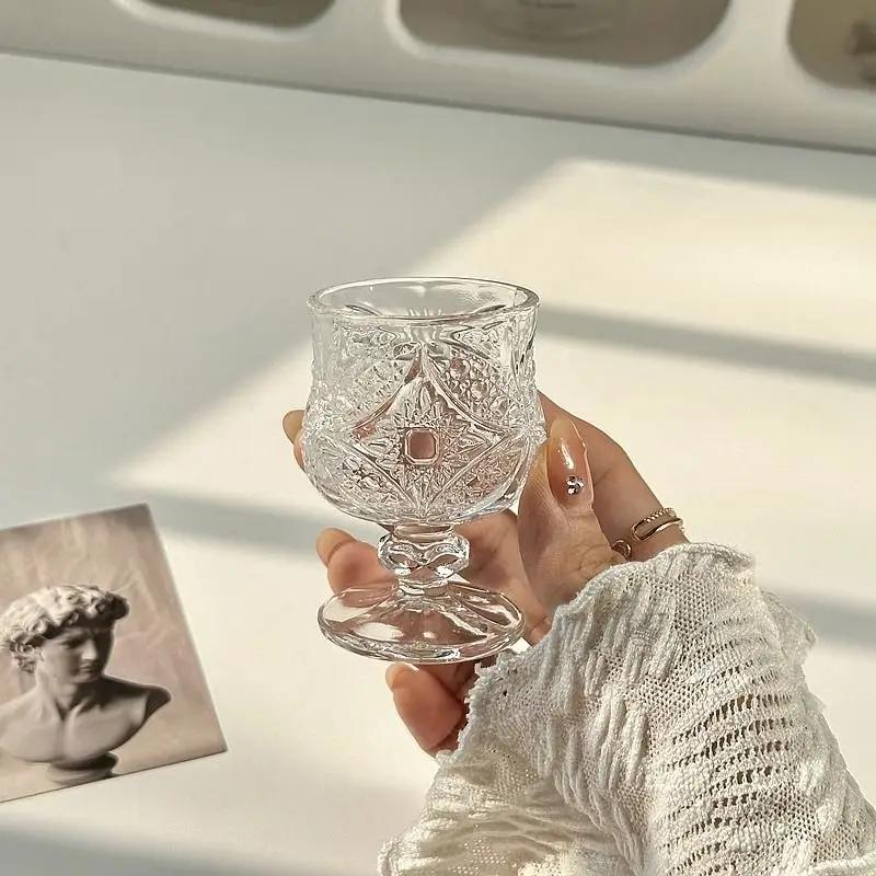 6pcs Vintage Carved Glass Mini Fruit Wine Cup Light Luxury Delicate Goblet Fashion Creative Home High Appearance Level Shot Cup