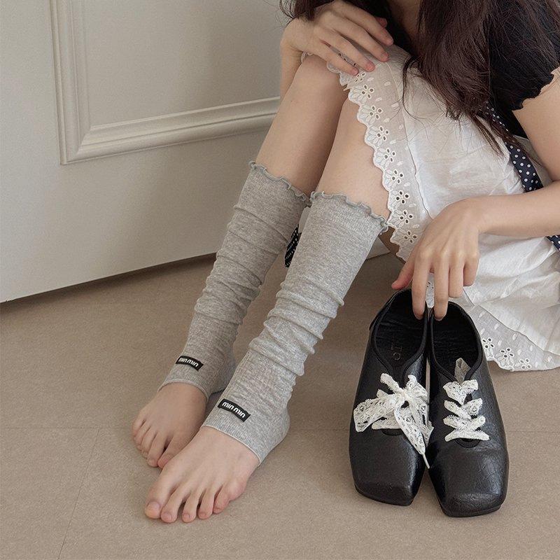 Sock-style Women's Summer/autumn Lightweight Solid-color Vertical Stripe Mid-calf Wooden-ear Cuff Breathable All-purpose Foot Cover Socks