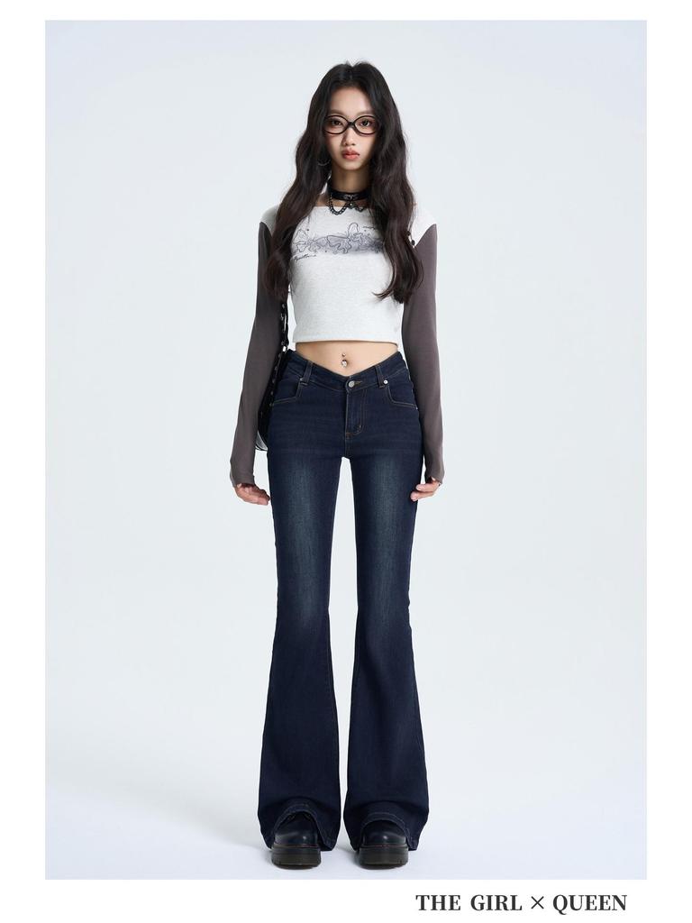 Jeans a zampa retro a vita a V da donna 2025 - Pantaloni a zampa a vita bassa trendy