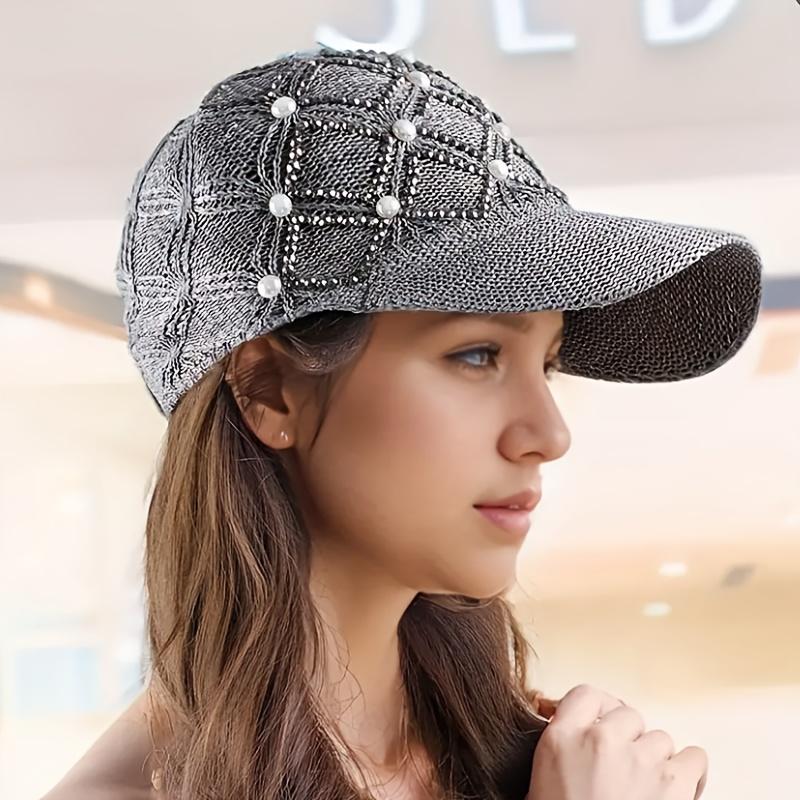1pc of Four-Leaf Flower Pearl Hat for Women, Stylish And Versatile with Pearl And Rhinestone Mesh, Adjustable Summer Baseball Cap