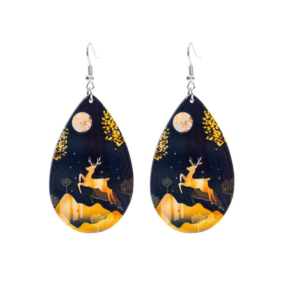 Gold Reindeer & Leaf Pattern Acrylic Teardrop Christmas Earrings for Women