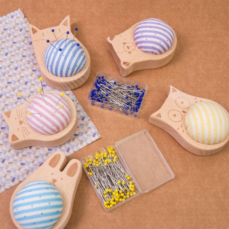 Pin Holder Wood Pin Cushion with 100Pcs 38mm Long Straight Sewing Pin for Fabric Sewing Dressmaking Needlework