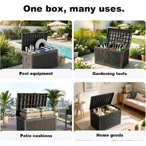 100 Gallon Resin Deck Box, Lockable Patio Outdoor Storage Box for Furniture, Garden Tools and Tools Storage, Waterproof Outside