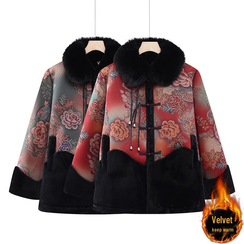 Elderly Women's Winter Coat: Fleece-Lined Cotton Jacket, Grandma Style, Thickened Mink Velvet.