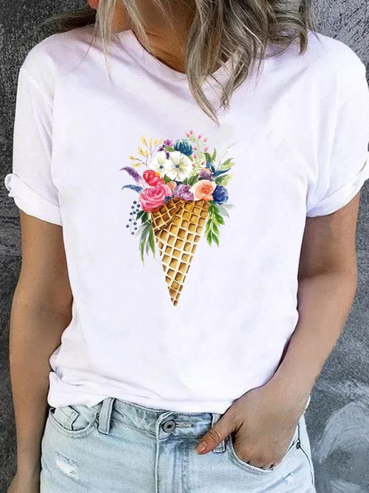 (Asian Size) Clothing Lady o-neck watercolor love style Short Sleeve T-shirts Printed Female Top Casual T Shirt Fashion Women Graphic Tee