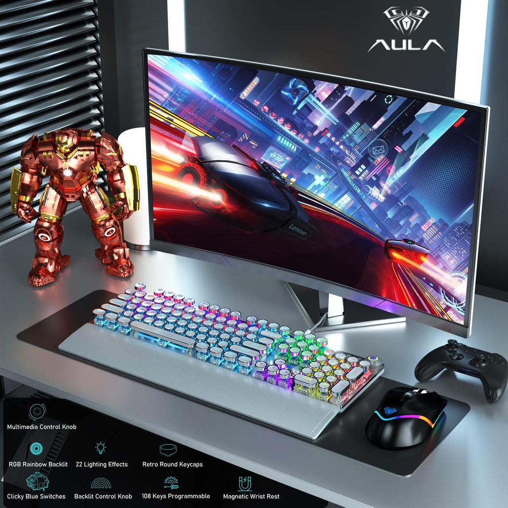 AULA F2088 Schreibmaschinenstil Mechanische Gaming-Tastatur Regenbogen-LED-Hintergrundbeleuchtung Abnehmbare Handgelenkauflage Mediensteuerknöpfe Retro Punk Runde Tastenkappen USB