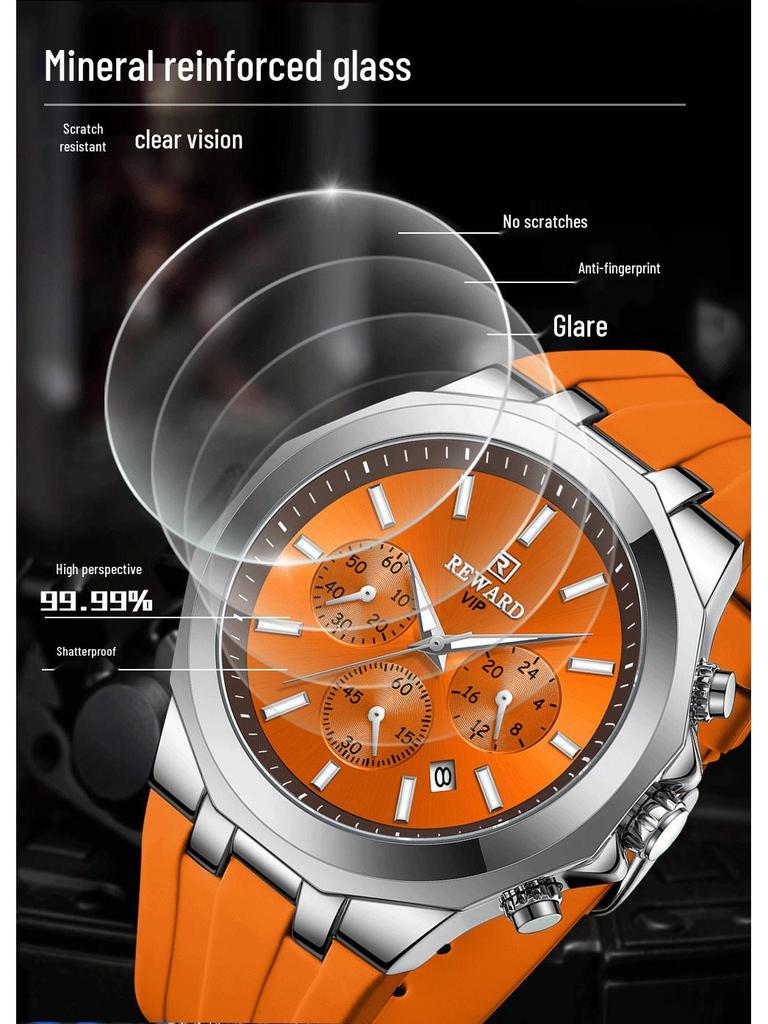 Men's Quartz Watch with Silicone Band, Multifunctional Design, Three Subdials, Six Hands, and Calendar.