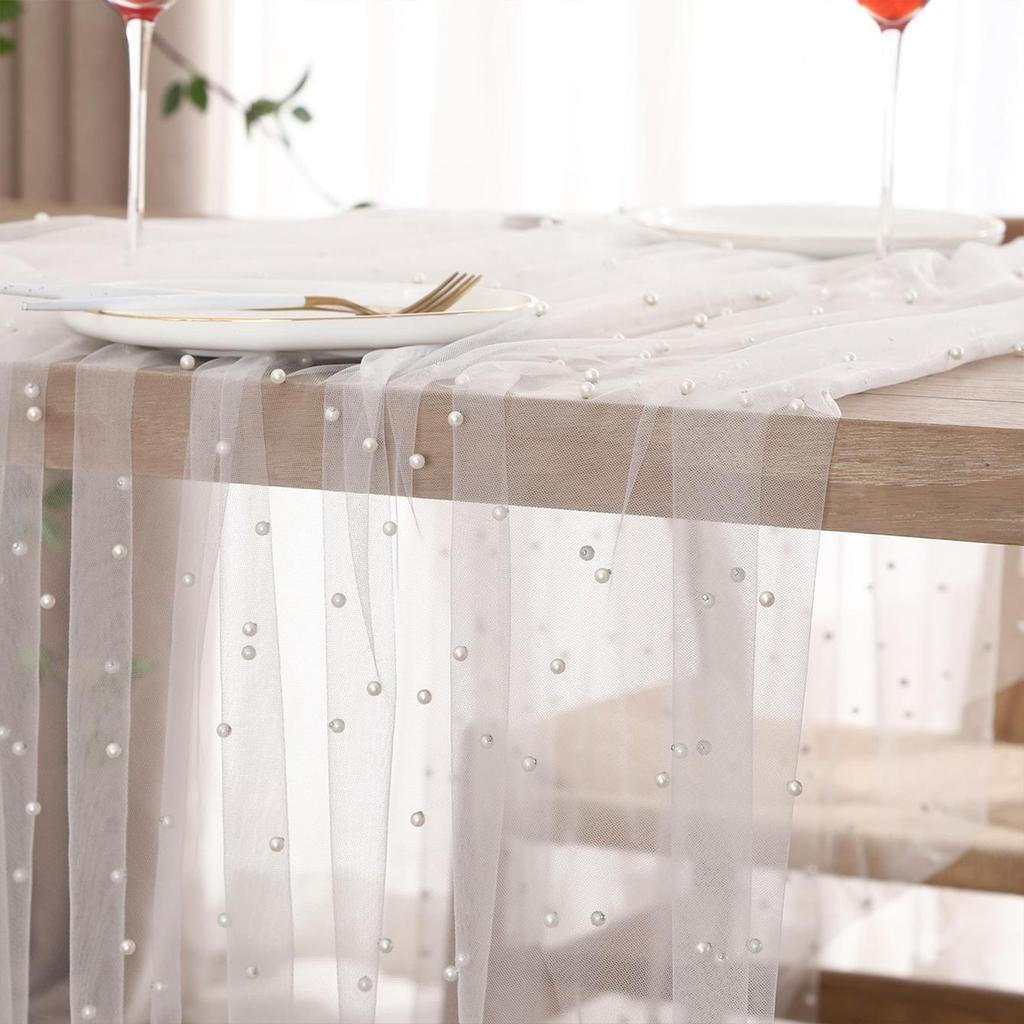Elegant Pearls Decorated Tablecloth In Various Sizes Breathable Organza Materials For Banquets Event And Home Setting