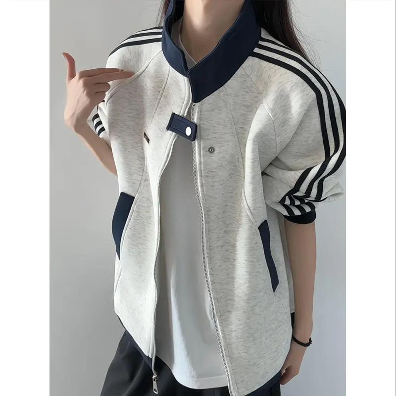 

Unisex Heavyweight Color Block Striped Cardigan Hoodie: Trendy Autumn/Winter Baseball Jacket with Stand Collar 3XL