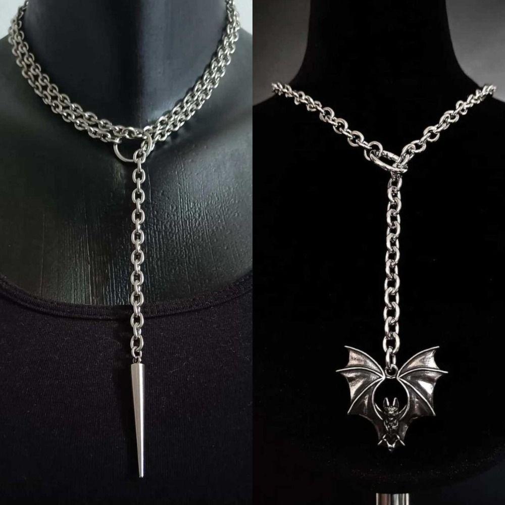 Personality Punk Stud Necklace Long Gothic Bat Pendant Necklace Exaggeration Sweater Chain Jewelry
