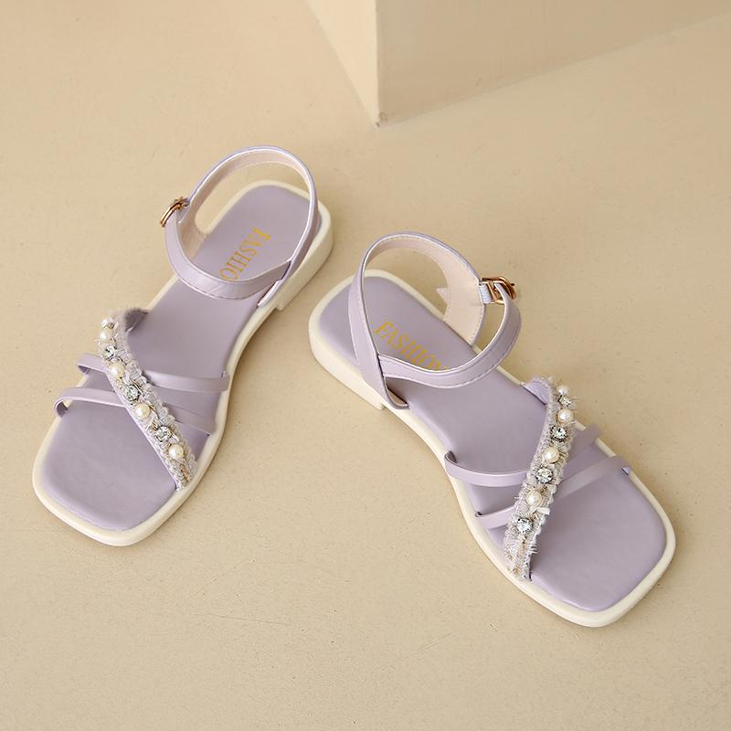 Fashion Women's Summer Sandals Fashion Square Head Shallow Mouth Crystal Thin with Soft Sole Anti-slip Wear-resistant Low Heel Shoes