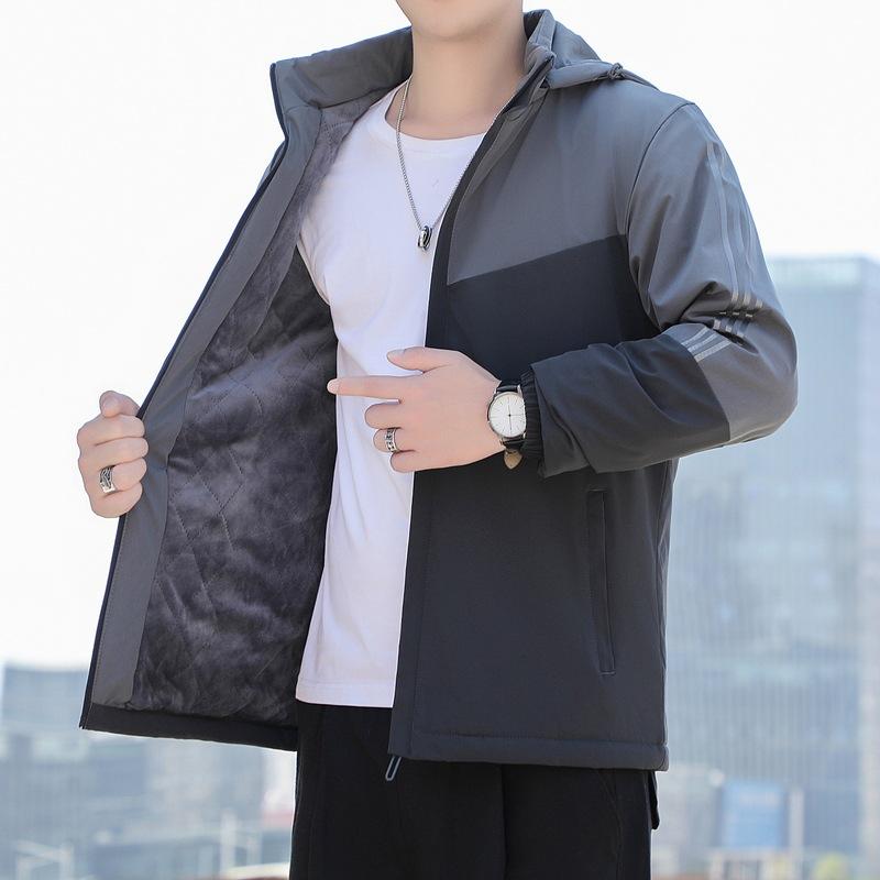New men's velvet cotton-padded jacket with hooded multi-bag loose large-size youth casual cotton-padded jacket