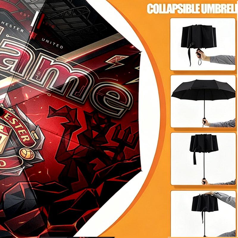 Custom Name Personalized Manchester United Print Umbrella, Auto Open Close, 8‑Rib Sturdy Frame, Commute Camping Hiking Use, Birthday Gift