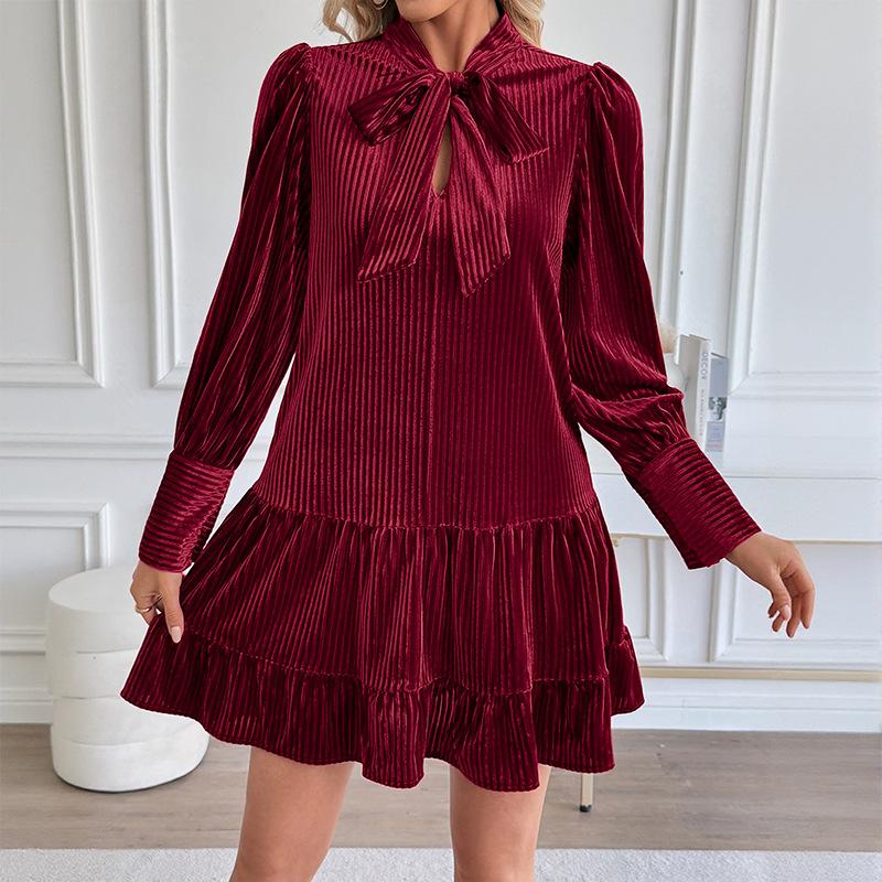 

Womens Velvet Dress Vintage Casual Bow Neck Mini Ruffle Dress Christmas Elegant Puff Long Sleeve Flowy A Line Dress XL